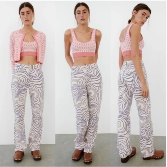 New with tags ZARA PRINTED STRAIGHT LEG JEANS Navy / White US 4 - Picture 5 of 6